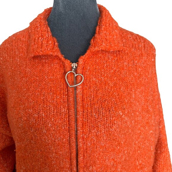 Unif Orange Textured Knit Zip-Up Cardigan Jacket W/ Heart Zipper Pull Pockets S - Picture 2 of 6